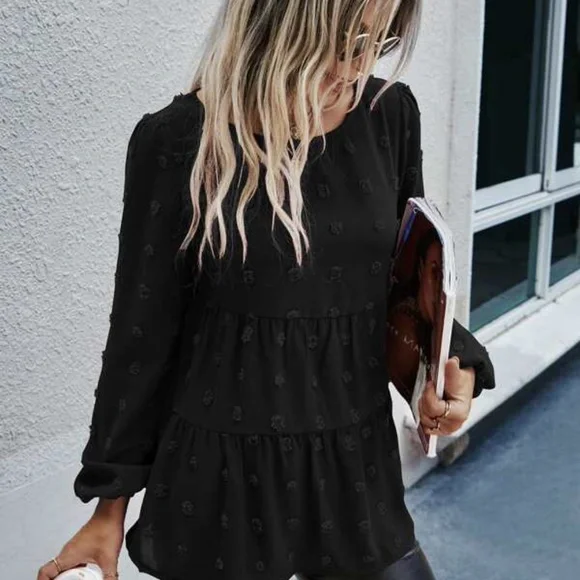 Classic Navy Blue Swiss Dot Ruffle Top Minimalist - Picture 4 of 12